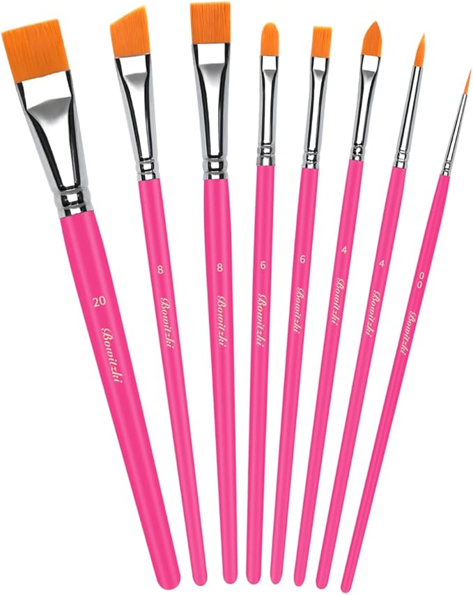 Bowitzki Pink Face Paint Brushes 8 pcs,Professional Artist Brush for Body face Painting,Acrylic Painting Watercolor Oil Gouache