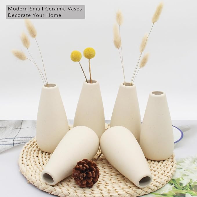 YANLING 6 Pack Modern Small Vase for Flowers, Light Yellow Ceramic Vases | for Pampas Grass, Boho Vases for Home Decor Table Shelf Office Bedroom