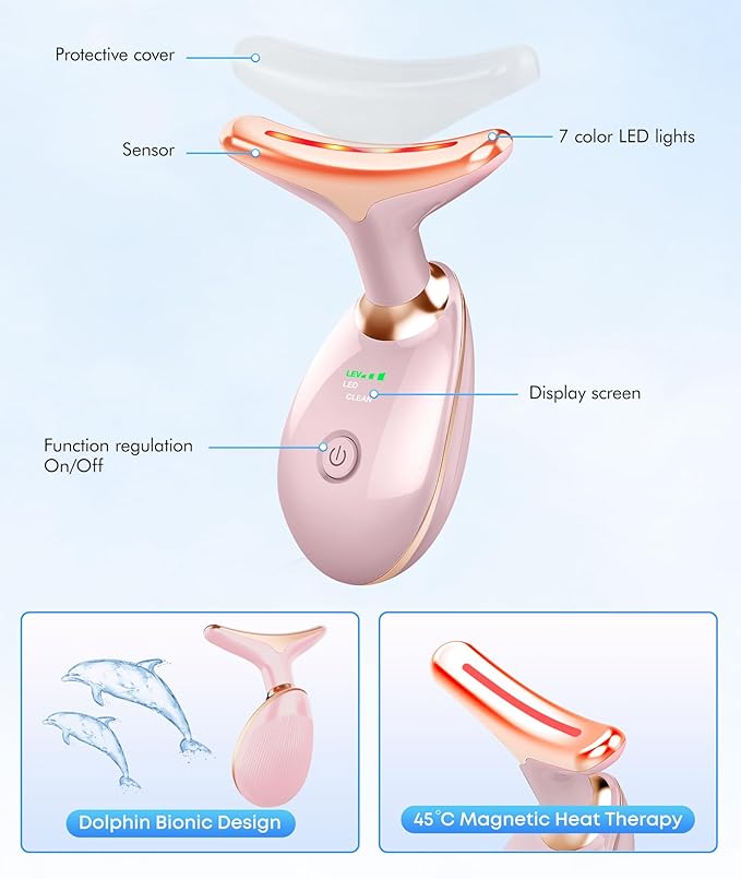 SDKWDH Red-Light-Therapy-for-Face-and-Neck, 7 Color Face Massager Tool for Wrinkles, Double Chin, Vibrating Facial Massager with Thermals for Skin Care, Glossy Pink