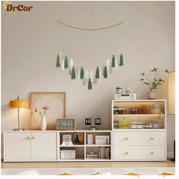 DrCor Sage Green Boho Tassel Garland Wall Hanging Decor | Handcrafted yarn fringe for classroom, dorm, baby shower and farmhouse styling. Lightweight, easy to hang, reusable.