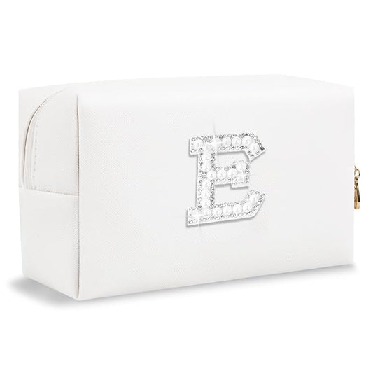 Bride Gifts – Personalized Initial Makeup Bag with Pearl Rhinestone Patch, Preppy White Monogram Cosmetic/Toiletry Pouch, bridesmaid Gifts, Bridal Shower Gifts, Wedding Gifts, Bridal Gifts,E