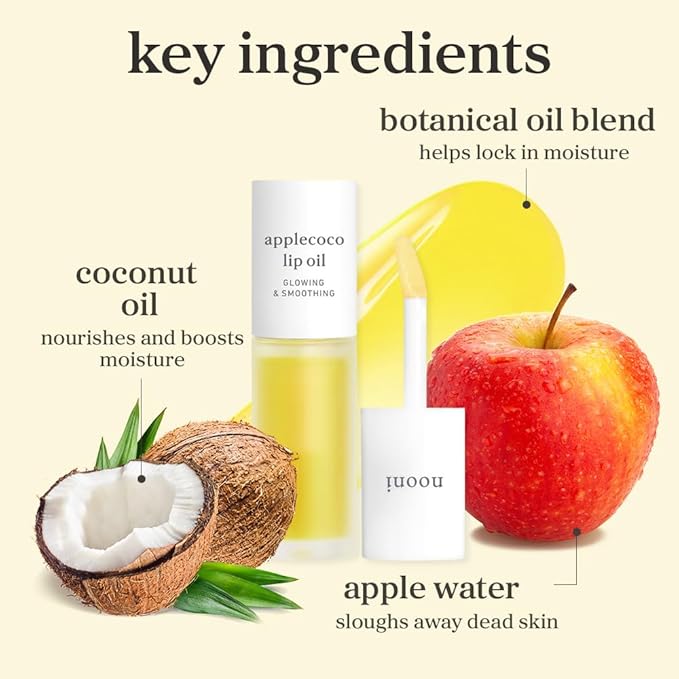 NOONI Korean Lip Oil - Applecoco | Long-Lasting, Moisturizing, Plumping, Revitalizing for Dry Lips, Waterproof, No Peel Off, Hydrating, Nourishing Crystal Clear, Stocking Stuffers, 0.12 FL Oz
