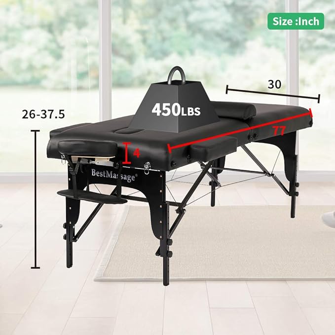 BestMassage Massage Bed Portable Massage Table 77" L 30" W 4" THK Lash Bed Height Adjustable 2 Folding PU Leather Spa Table with Oxford Bag for Spa Footmassage Facial CareSpa Tattoo