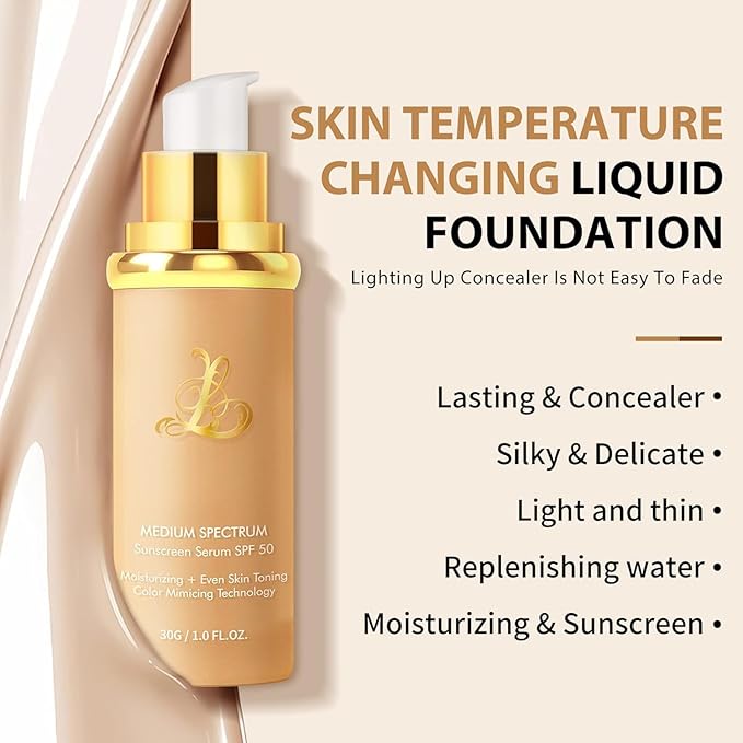Foundation 4 In 1 Liquid Foundation, Long Lasting Waterproof, Spf 50+,& Longwearing & Waterproof, Hydrating Color Changing Foundation Light Spectrum for Gym, Sport (3pc)