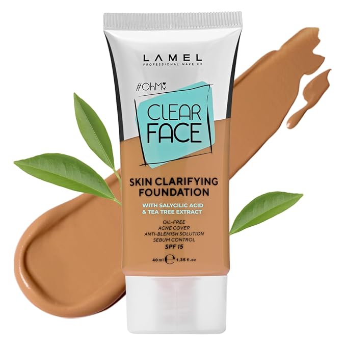 LAMEL Oh My Clear Face Full Coverage Foundation for Oily & Acne Prone Skin, Salicylic Acid & Tea Tree Extract, Anti-Blemish Sensitive Skin Care, Organic & Oil-Free, 406 Sand, 40 ml / 1.35 fl.oz