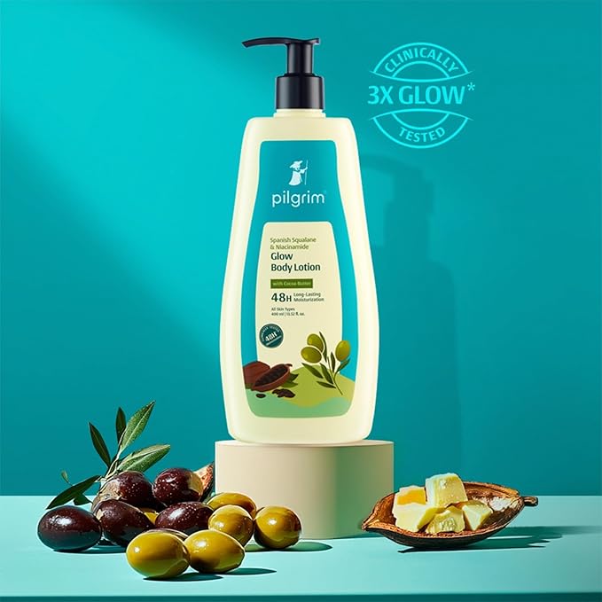 Pilgrim Glow Body Lotion with Spanish Squalane & Niacinamide | Lightweight Daily Moisturizer for Dry, Dull Skin | Long-Lasting Hydration & Smooth Feel | 13.53 Fl Oz (400ml)