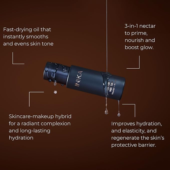 INIKA Organic Liquid Nectar Primer | 3 in 1 Skincare Makeup Hydrid to Prime, Nourish and Boost Glow. Silky Vegan Formula Instantly Smooths & Evens Skin Tone. 30mL