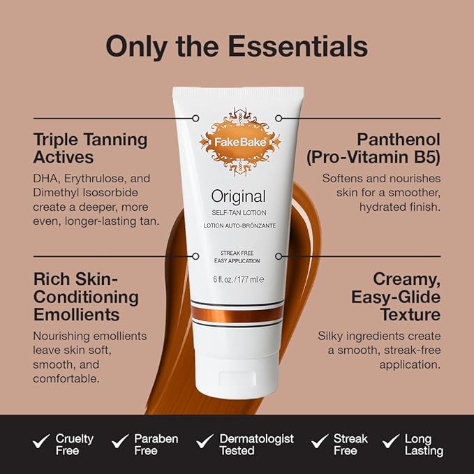 Fake Bake Original Self-Tanning Lotion – Lasting, Natural-Looking Sunless Tanner for All Skin Tones – Streak-Free, Buildable Color for Women & Men – 6 oz