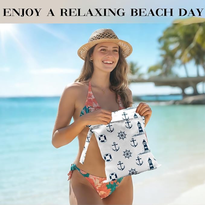Nautical Style Wet Bag 12x10 Inch, Waterproof Reusable Wet Dry Bag for Swimsuit, Travel, Beach, Pool, Diapers, Dirty Yoga Gym Clothes, Makeup Bags, Nautical Style Gifts for Women Friend