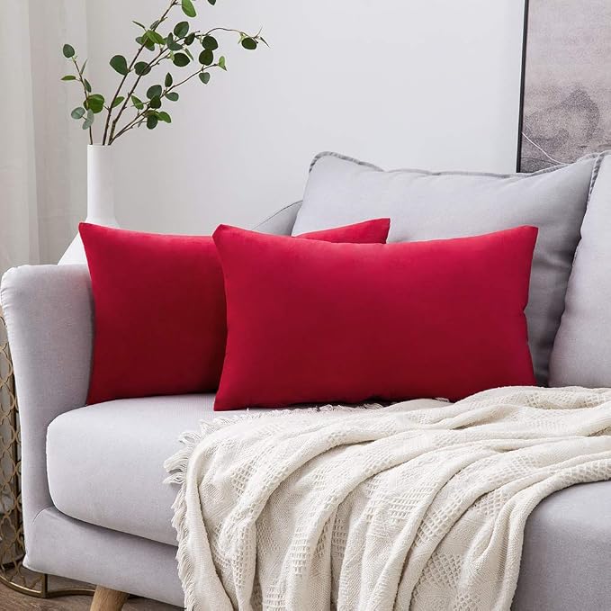 MIULEE 12x20 Inch Lumbar Velvet Throw Pillow Covers Red | Pack of 2 Soft Solid Decorative Pillow Covers, Modern Luxury Home Decor, for Chair Couch Sofa Bedroom Livingroom