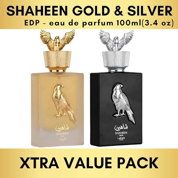 Lattafa Perfumes Pride Shaheen for Unisex 2 Piece Eau de Parfum Gift Set (Gold + Silver) 3.4 Ounce/100 ml each