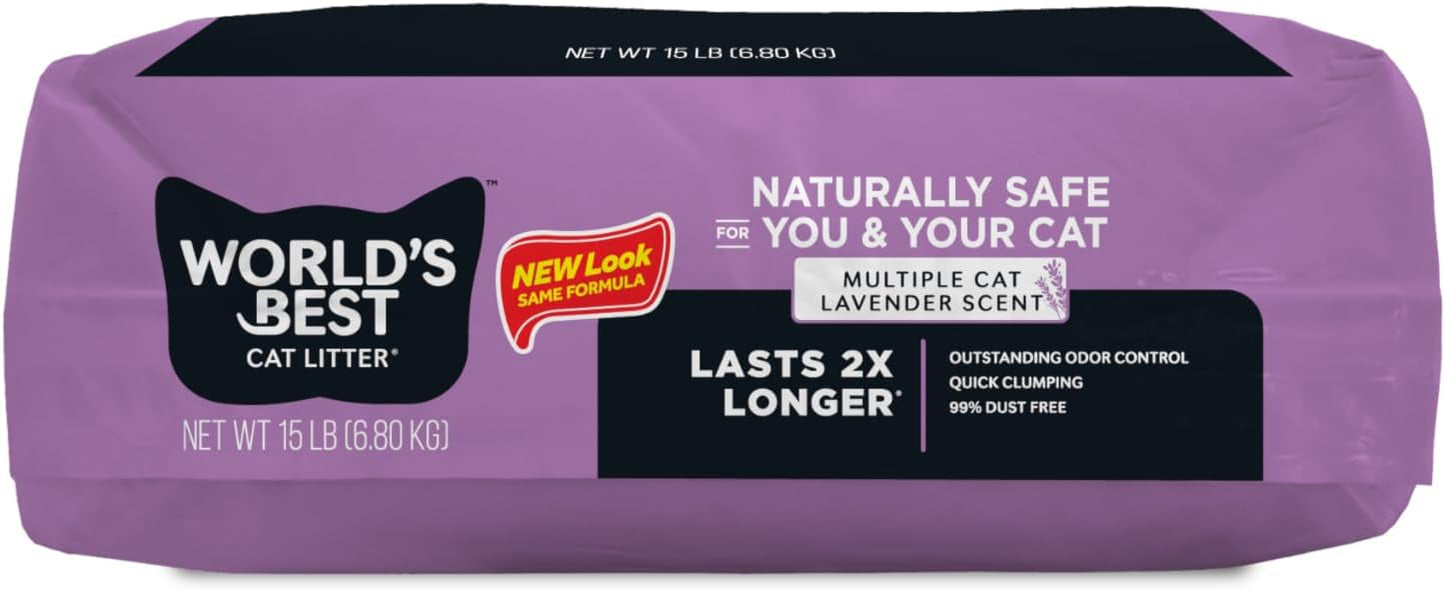 World's Best Cat Litter, Lavender Scented, Long-Lasting Odor Control, 15 lb | Controls multi-cat odors with a calming lavender scent; natural corn litter, quick clumping, flushable, 99% dust free formula