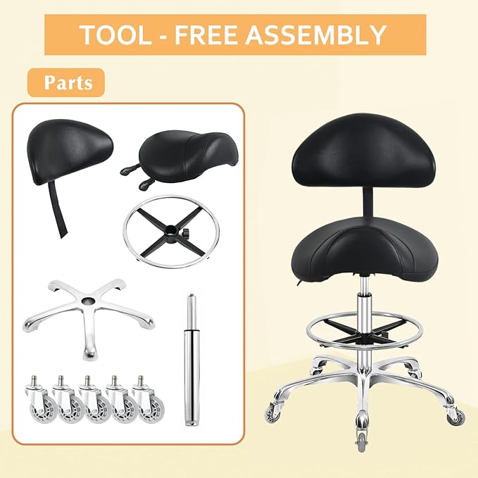 Saddle Stool Chair with Back Support Footrest, Heavy-Duty(350LBS), Hydraulic Rolling Swivel Adjustable Stool Chair for Salon Spa Beauty Massage Dental Clinic Home Office Use(Black)