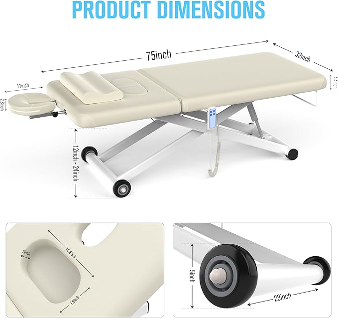 Electric Massage Bed with Adjustable Height and Backrest, Electric Massage Table for Treatment, Physical Therapy and Spa Facial Bed, 2 Motor, Hydraulic Equipment, Remote Control, 32 W x 75 L, White