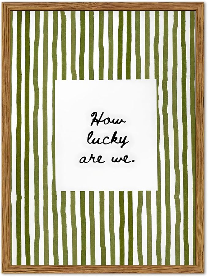 Framed How Lucky Are We Wall Art, Green Striped Pictures Wall Decor, Trendy Inspirational Quote Paintings Canvas Prints Preppy Home Decor for Living Room Bedroom Office Dorm 12x16 inch