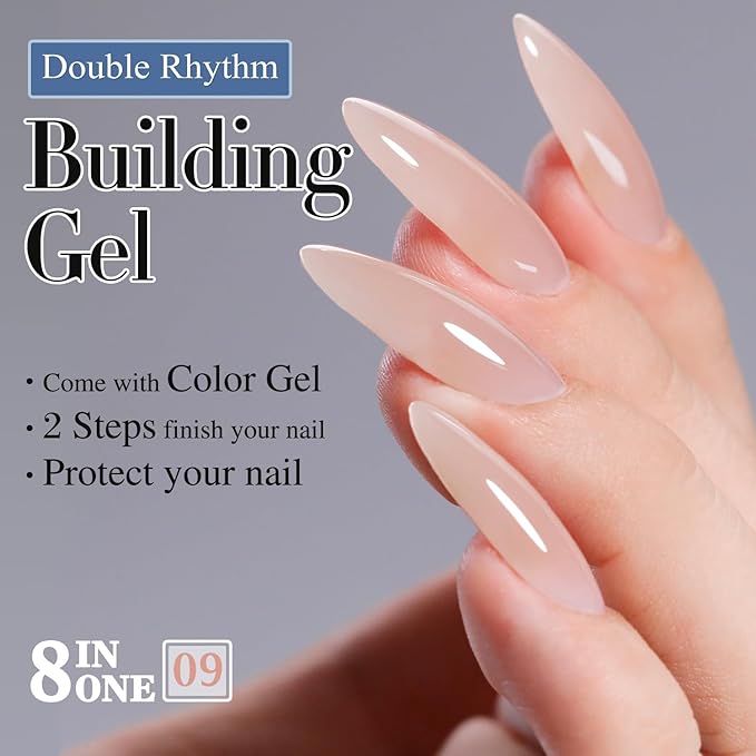 Double Rhythm Clear Gel Nail Polish 15ml Nail Strengthener Builder in a Bottle Nail Extension Hard Gel Soak Off Long Lasting UV Gel (Baby Nude 8 in 1-9)