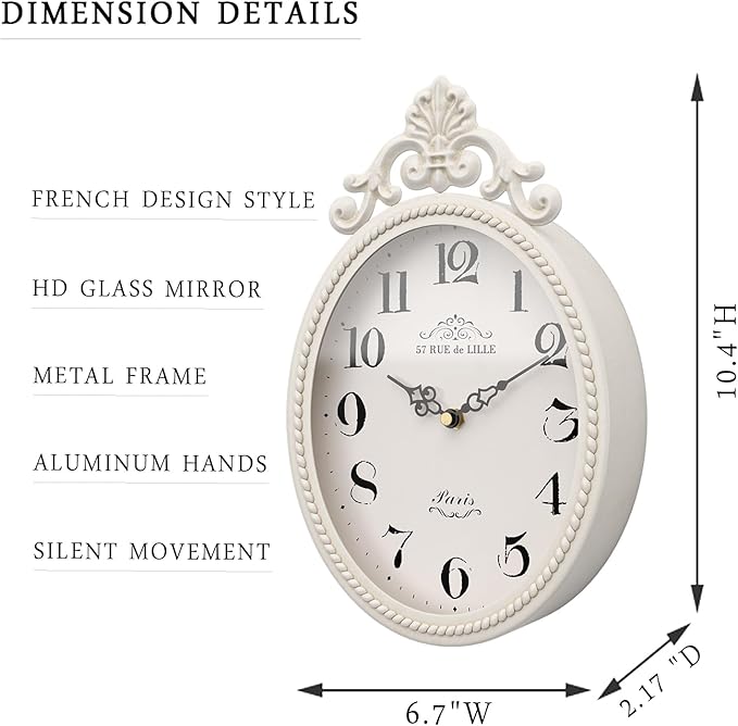 Abdurey Small French Retro Decor Wall Clock, Ivory White Vintage Oval Style | Silent Battery Operated Boho Decorative Wall Clocks for Farmhouse,Kitchen,Bedroom,Bathroom(10.4"H x 6.7"W)