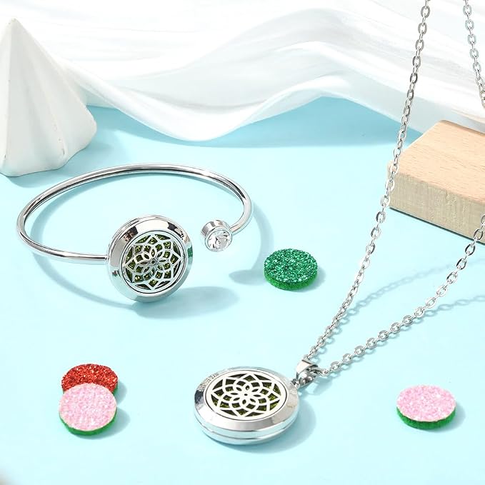 SUNNYCLUE 1Pc Essential Oil Necklace 1Pc Essential Oil Diffuser Bracelet with 10Pcs Refill Pads Flower Stainless Steel Aromatherapy Locket Pendant Bracelets Necklaces Diffuser Jewelry for Women Gifts