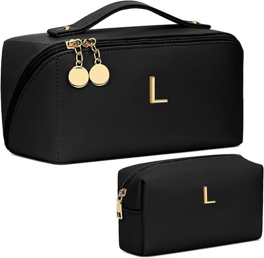 Birthday Gifts for Women Teen Girl, Personalized Initial Makeup Organizer Bag Set, Open Flat Travel Cosmetic Bag With Clear Divider and Handle(Black,L)