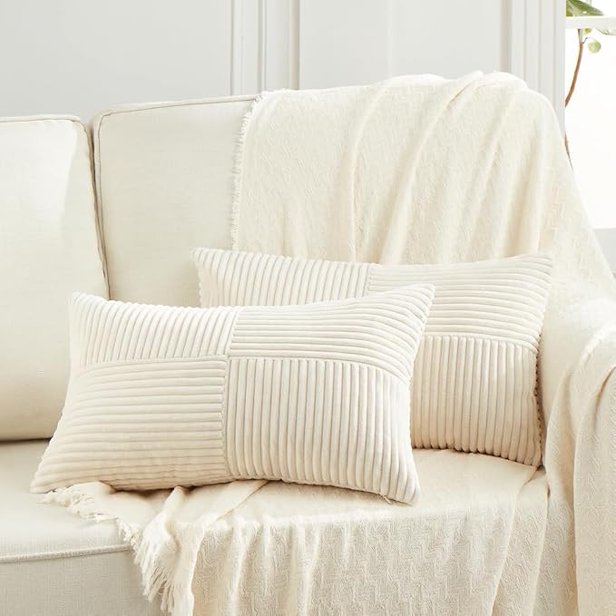 Fancy Homi Cream Lumbar Decorative Throw Pillow Covers 26x16 Inch for Living Room Couch Bed Sofa, Rustic Farmhouse Boho Home Decor, Soft Striped Corduroy Rectangle Accent Cushion Case 40x65 cm