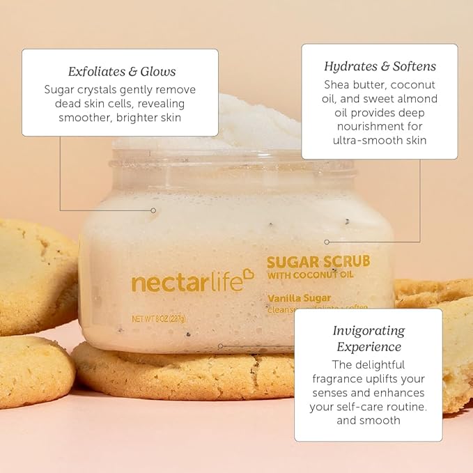 Nectar Life Exfoliating Sugar Scrub, Moisturizing Body Scrub with Coconut Oil & Shea Butter, Pre Shave Exfoliator (8 Ounce, Vanilla)