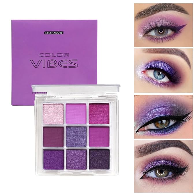 Purple Glitter Matte Eyeshadow Palette, 9 Colors Shimmer High Pigmented Eyeshadow Powder, Dream Purple Eye Shadow Palette Makeup,Waterproof Blendable Colorful Eyeshadow Palette for Girl Women