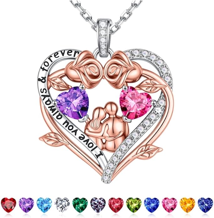 Iefil Valentines Gifts for Her Wife - 925 Sterling Silver Double Heart Birthstone Necklace, Anniversary Birthday Gifts for Women Wife Girlfriend