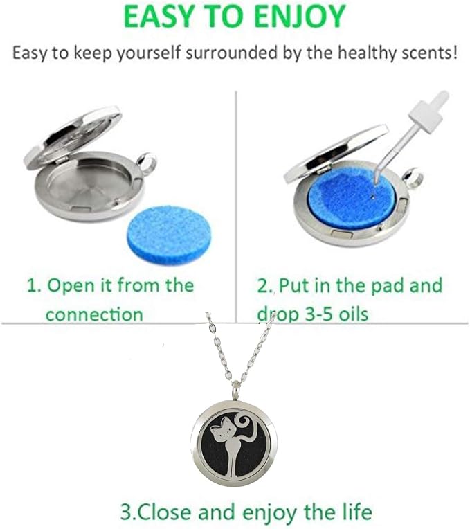 Aromatherapy Essential Oil Diffuser Stainless Steel 30MM Silver Magnetic Locket Pendant 2 Sizes Chain Necklace, Colored Refill Pads & Diffuser Bracelet in a Velvet Bag (fbastandingskinnycat)
