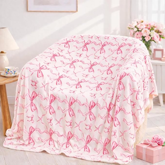 Pink Bow Twin Blanket – 60x80 Inch Soft Fleece Blanket for Girls and Women, Coquette Aesthetic Room Decor for Bed, Couch, Chair, Preppy Bedroom or Gift, Cute Pink Bow Decor Blanket