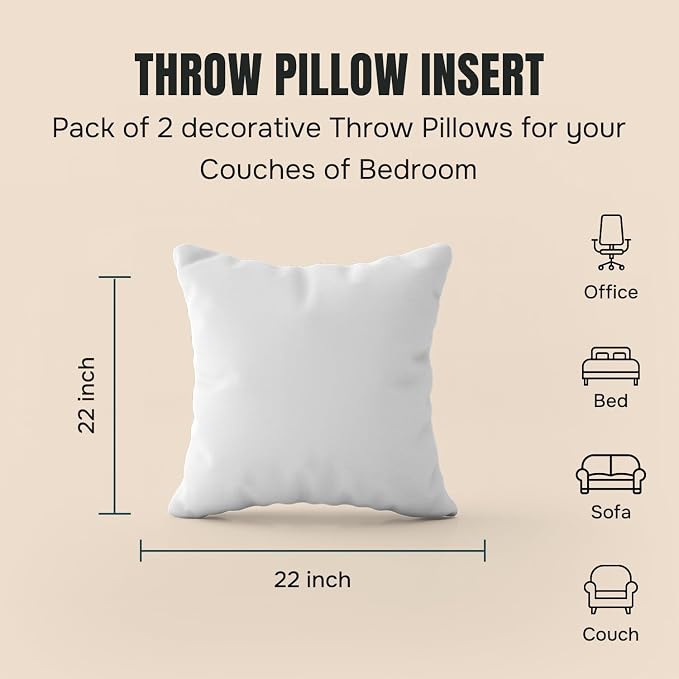 CanvasChamp Throw Pillow Inserts Pack of 2, Lightweight Soft Polyester Decorative Pillow Covers - 22" W x 22" H Bed & Couch Pillows