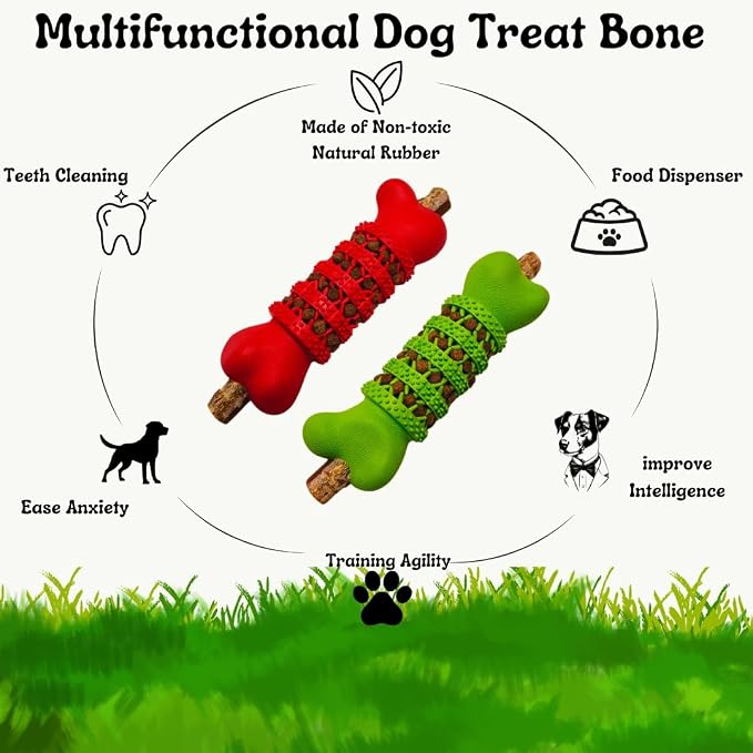 Durable Interactive Dog Bone Toys 2-Pack (6.5”) for Medium & Large Dogs – Treat Dispensing Chew Bones with Teeth Cleaning & Puzzle Design (Green & Red)