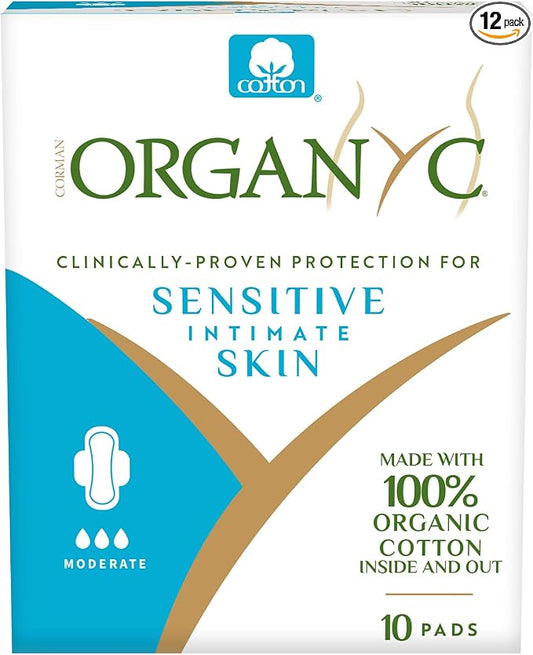 Organyc - 100% Certified Organic Cotton Inside and Out Feminine Pads with Wings, Sanitary Napkin for Women, 120 Count, Moderate Flow, Regular Absorbency, 12 Pack(Case Pack)