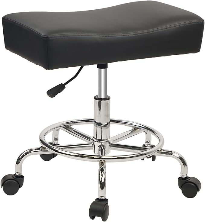 Heavy Duty Extra Wide Rolling Stool PU Leather Thickened Seat Cushion with Foot Rest Adjustable Height Swivel with Wheels for Spa Salon Tattoo Work Massage Barstool, Black, 1 Pack