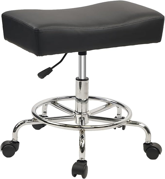 Heavy Duty Extra Wide Rolling Stool PU Leather Thickened Seat Cushion with Foot Rest Adjustable Height Swivel with Wheels for Spa Salon Tattoo Work Massage Barstool, Black, 1 Pack