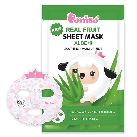 Puttisu Real Fruit Facial Mask Sheet for Kids, Children - Made with 100% Cotton, Moisturize, Sooths and Hydrates Skin (Aloe - Pack of 7)