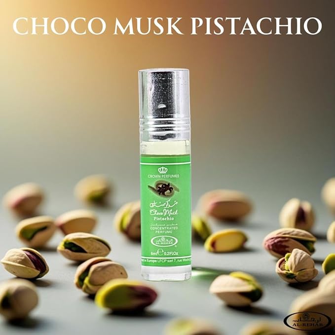 Al-Rehab Choco Musk Pistachio Perfume Oil Roll-On - 6ml (0.2 oz) | Nutty Gourmand Fragrance with Pistachio, Chocolate & Vanilla | Sweet, Creamy & Addictive | Long-Lasting Scent (Box of 6)