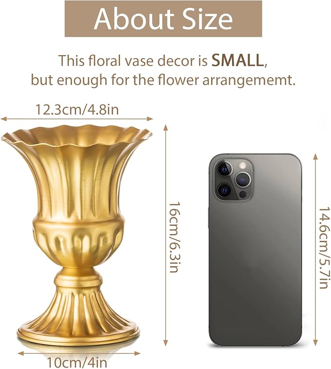 Sziqiqi Gold Metal Compote Vase, Urn Vases for Table Centerpiece, 10Pcs | 6.3in Tall, Golden Vintage Flower Arrangement for Wedding, Pedestal Bowl Planter Pot For Reception, Home, Party Decor