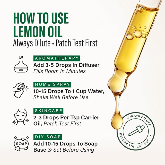 100% Pure Lemon Oil - 4 Fl Oz Lemon Essential Oil for Hair, Skin, Diffuser, Aromatherapy & DIY Soap Making Scent