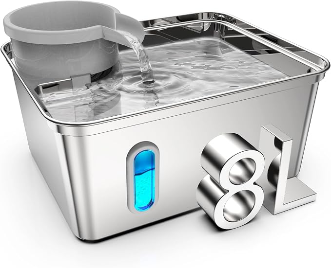 8L/270oz Stainless Steel Large Dog Water Fountain Dispenser Bowl | Premium stainless steel filtered dog water bowl and quiet large dog fountain. Visible water level window, great for cats.