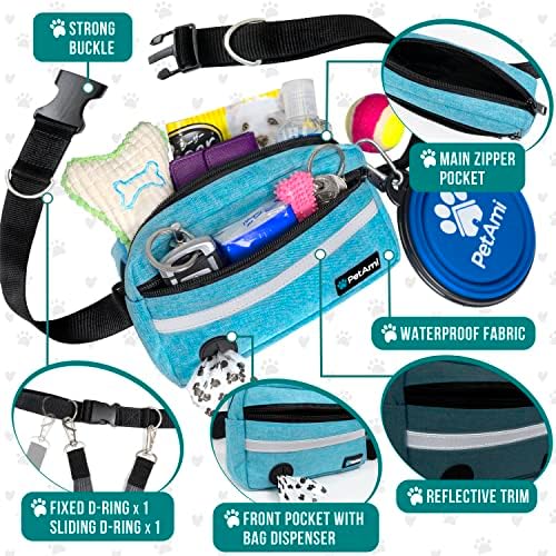 PetAmi Hands Free Dog Leash Waist Belt Bag Fanny Pack, Single, Sea Blue