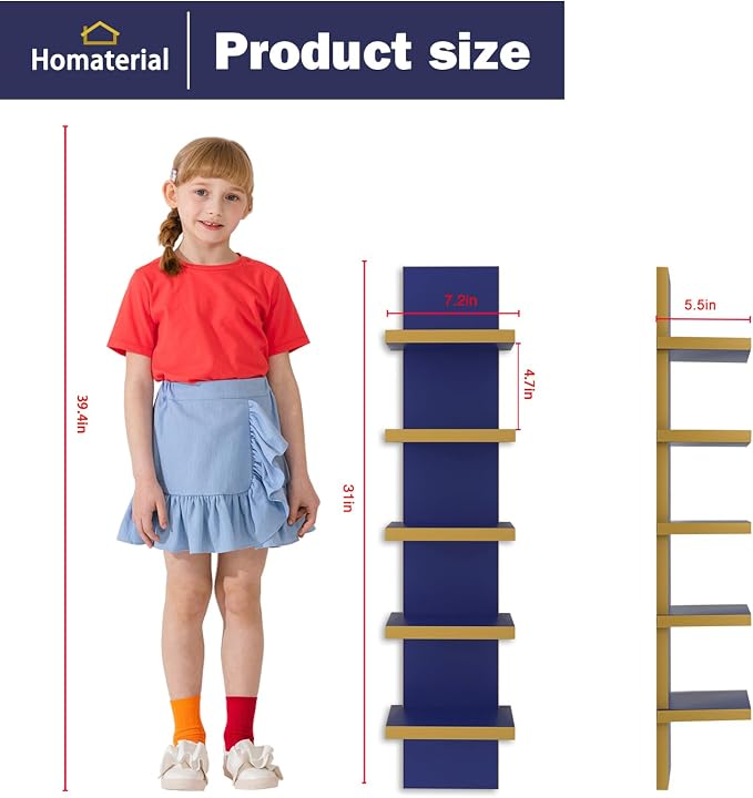 5 Tier Wall Shelf Unit, Decorative Wall Mount Vertical Shelving,Modern Column Floating Shelves for Bedrooms, Bathrooms (Blue)