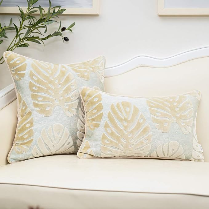 Alerfa 18 x 18 Inch Square Leaf Pillow Embroidery Cut Velvet Cushion Case Luxury Modern Lumbar Throw Pillow Cover Decorative Pillow for Couch Sofa Living Room Bedroom Car, Beige