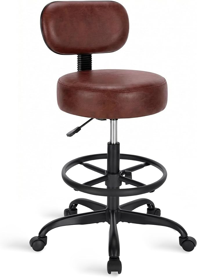 SUPERJARE Drafting Chair with Back, Adjustable Foot Rest Rolling Stool, Multi-Purpose Office Desk Chair, Thick Seat Cushion for Home Bar Kitchen Shop - Rustic Brown
