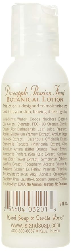 Island Soap and Candle Works Pineapple Scented Body Lotion for Men and Women, Paraben Free Body Moisturizer - Hydrating Hawaiian Skincare - Pineapple Passion Fruit - 2 Fl Oz Travel Size Bottle