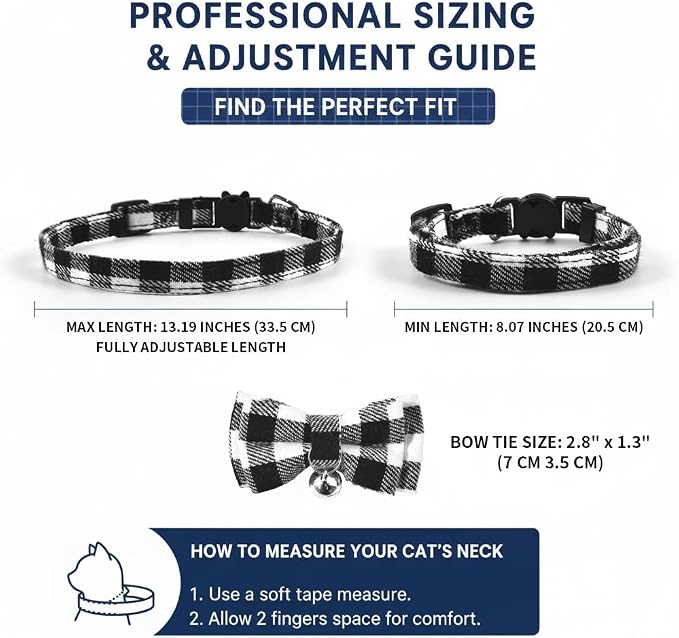 Plaid Breakaway Cat Collar with Bell & Removable Bow Tie – Cotton Kitten Collar with Bells for Boy Cats or Small Dogs. Adjustable Size 8-13.2in (Green)
