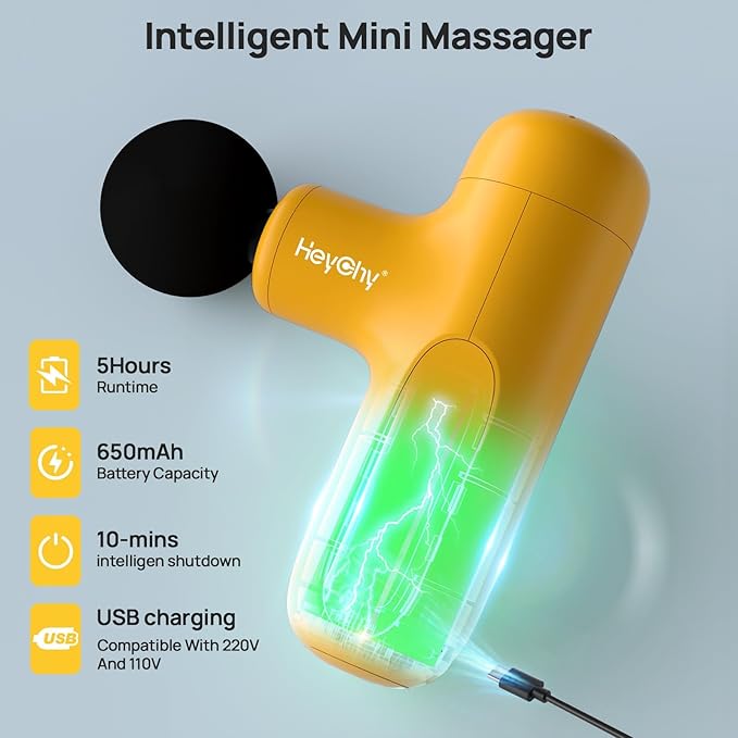 Super Mini Massage Gun Deep Tissue, Handheld Muscle Massager with 4 Heads, Percussion Travel Size Massager Gun for Back Pain Relief, Quiet for Home, Gym, Office, Gift for Men & Women, Yellow