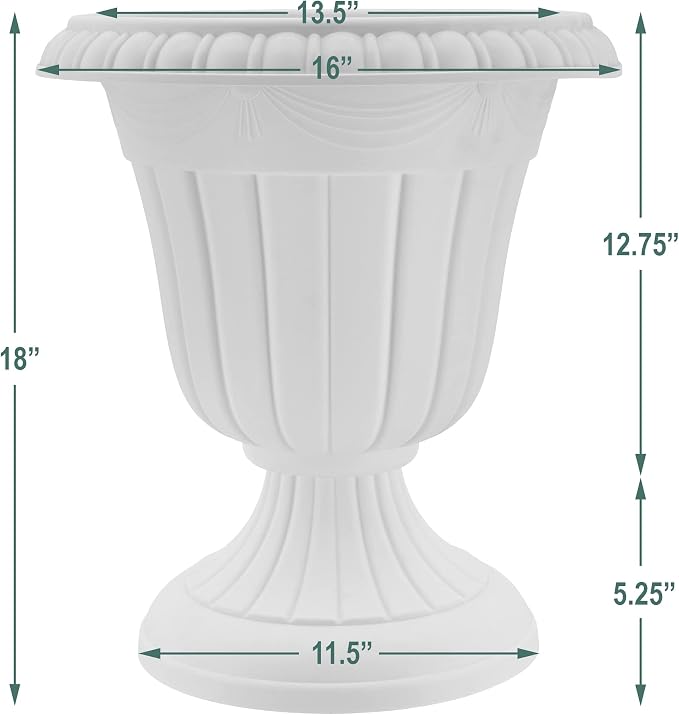 Arcadia Garden Products PL00BK Classic Traditional Plastic Urn Planter, 16” x 18”, Black