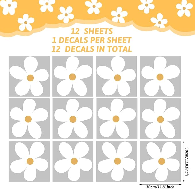 TaoBary 12 Sheet Daisy Wall Sticker Decal,White, Yellow,Charming Style | Big Flower Wall Sticker, Pink White Floral Decal, Daisy Bedroom Room Decor, Removable Peel and Stick, Nursery Home Wall Decor