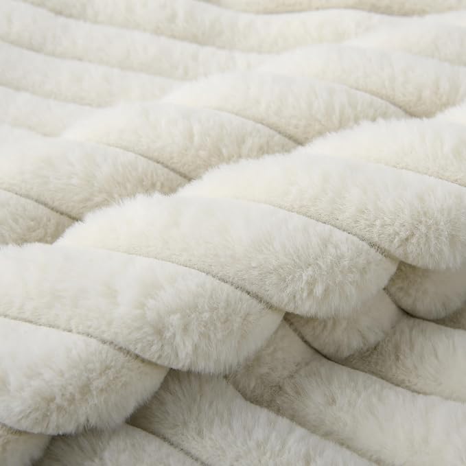 Decorative Throw Pillow with Inserts, Set of 2 Soft Faux Fur Throw Pillows, Square Boho Striped Pillow for Couch, Bed, Sofa Decor(Beige, 16" x 16")