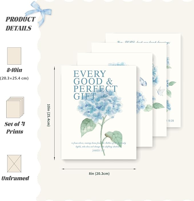 LARTSFRO Hydrangea Floral Bible Wall Art Decor Posters, Blue Floral Spring Christian Room Bathroom Bedroom Dorm Wall Art Decor Aesthetic for College Teen Girls Gifts, Inspirational Bible Verses Wall Decor, 10x8 Inch Set of 4 Pcs Hydrangea Pictures (UNF...